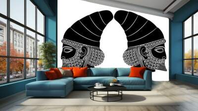 Symmetrical ethnic design with two heads in profile of ancient Persian men from Persepolis. Male portrait of a bearded Achaemenid hero from Iran. Black and white silhouette. Wall mural