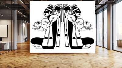 Symmetrical ethnic design with two seated Mayan men. Indigenous native American design. Black and white silhouette. Wall mural