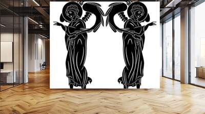 Symmetrical religious design with two standing angels holding their wings. Black and white silhouette. Wall mural