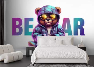 Teddy bear in holographic jacket for graphic t-shirt design, slogan with bear doll. Vector illustration for t-shirt Wall mural