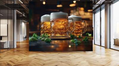 Three frosty beer mug on night bar table Wall mural