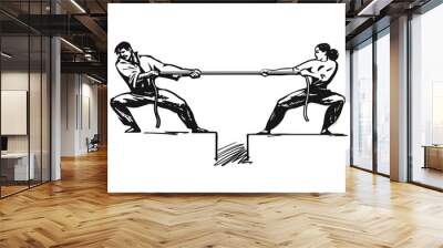 Tug of war. Man and woman are pulling rope. Business competitive concept. Couple fighting. Gender conflict. Psychology of relationships. Vector Wall mural