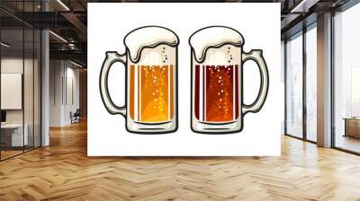 Two big mugs of beer dark and light with foam and bubbles. Hand drawn vector illustration isolated on white background Wall mural