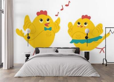 Two cute yellow chicks romantic couple. Vector illustration. Wall mural