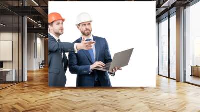 two engineers in suit and protective helmet use laptop isolated on white copy space, safety business Wall mural