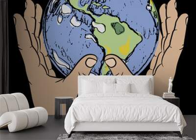 Two human hands holding planet Earth. Creative environmental concept. Wall mural