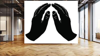 Two human hands in folded praying gesture. Black and white silhouette. Isolated vector illustration. Wall mural