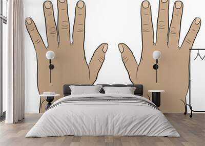 Two raised up human Caucasian male hands with open fingers. Top view. Cartoon style. Wall mural