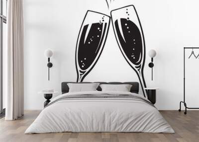 Two sparkling glasses of champagne or wine. Cheers icon. Retro style vector illustration on white background. Wall mural