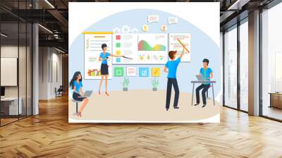 Vector concept of agile project management. Scrum task board. Team analyzing software development process. Business people and manager studying company analytics. Project planning and management.. Wall mural