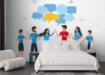 Vector illustration, flat style, group of business people chat communication dialogue speech bubbles, cartoon characters discuss social network, message, discussion of news, social networks Wall mural