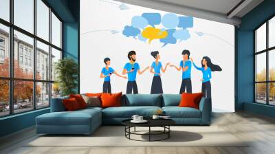 Vector illustration, flat style, group of people talking with dialogue speech bubbles, businessmen discuss social network, chat, news discussion, social networks Wall mural