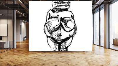 Venus of Willendorf. Paleolithic female sculpture. Great Mother goddess archetype. Hand drawn doodle sketch. Black and white silhouette. Wall mural