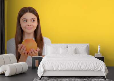 vitamin and dieting. child eating healthy food. childhood health. citrus fruit. Child girl portrait with grapefruit orange, horizontal poster. Banner header with copy space. Wall mural