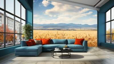 Wheat field summer landscape. Detailed farm field scene. A serene, chilly landscape. Template for banner, cover. Realistic photo style. Simple cartoon design. oil painting. Wall mural