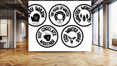 Winter holiday grunge groovy stamps with scratches. Hand drawn black slogans with traditional elements in round shape on white background. Typographic flat isolated stickers Wall mural