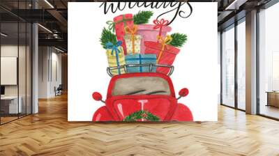 Watercolor red retro car with a Christmas wreath and a large number of multi-colored gifts and Christmas tree branches on the roof and handwritten lettering 