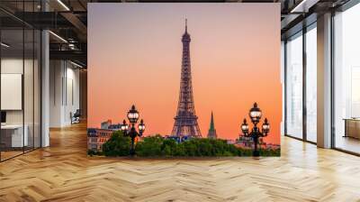 Sunset view of  Eiffel Tower and Alexander III Bridge in Paris, France. Wall mural