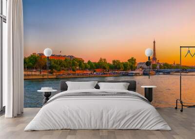 Sunset view of  Eiffel Tower and river Seine in Paris, France. Wall mural