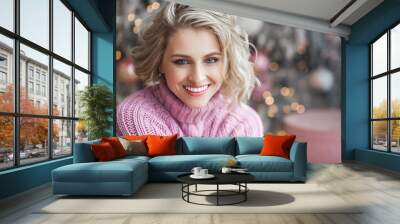 Closeup portrait of very beautiful young woman on christmas background. Attractive female portrait indoors. Perfect blond woman. Wall mural