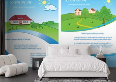 green landscape and houses on hills - vector template of advertisement. Banner for property business Wall mural