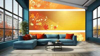 orange abstract autumn backgrounds - vector banners with music notes and maple leaves Wall mural