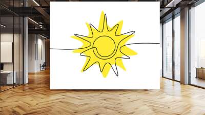 One continuous line sun sketch with yellow stain. Doodle art drawing, shining linear sunny icon isolated. Editable stroke, vector footer design Wall mural