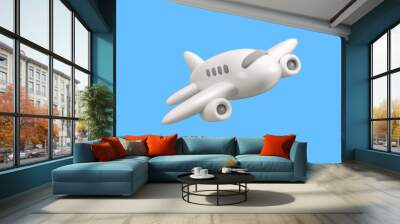 Vector 3d airplane icon. Simple cartoon white passenger plane render, flying jet in the sky, isolated on blue background. Summer holiday journey design element Wall mural