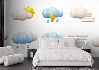 Vector 3d weather icon set. Cartoon render illustration isolated on white background. Sun, clouds, moon and rain. Snowy or foggy day emblem Wall mural