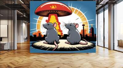 two rats in pop art style against the background of a nuclear explosion Wall mural