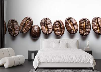 Banner with different types fresh roasted Arabian aroma coffee beans isolated on white background. Love organic coffee concept. Top view, flat lay with copy space Wall mural