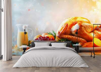 Decorated table roasted turkey or chiken in sauce with rosemary, cozy fireplace in the background. Holiday celebration dinner Christmas or Thanksgiving. Wall mural