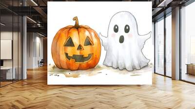 Funny ghost and pumpkin jack o lantern in witch hat on white background. Magic scary spirit. Watercolor Simple spooky monster. Festive holiday concept Wall mural