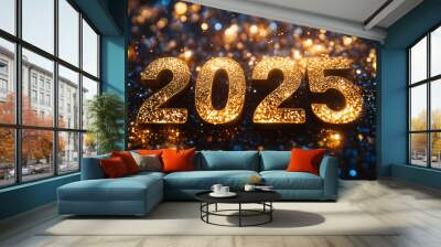 Golden number 2025 and fireworks on blue sparkle and glitter bokeh background. Merry Christmas and Happy New Year celebrating winter holiday background. Wall mural