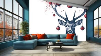 Retro style illustration. Silhouette deer's head wearing Christmas light garlands, decorated for New Year. Wild animal concept for vintage design Xmas greeting card wallpaper banner poster Wall mural