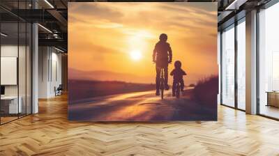 Silhouette of dad and child ride a bike together in sunset. Father's Day. Happy family, love and care concept. Background for greeting card, banner, poster . AI Wall mural