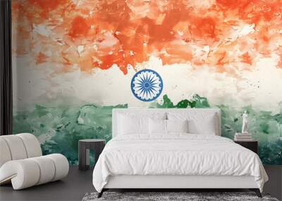 Watercolor illustration of national Indian Tricolor flag background with Ashoka wheel for festival and celebrate India Independence Day and republic day. Banner wallpaper or greeting card. Wall mural