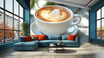 White cap of cappuccino with milk foam on wood table background.. Flat lay with black hot coffee mug. Coffee love minimal trendy concept. top view backdorp with copy space. Wall mural