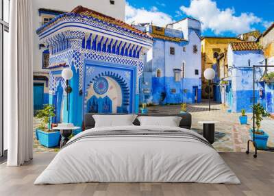 Beautiful view of the square in the blue city of Chefchaouen. Location: Chefchaouen, Morocco, Africa. Artistic picture. Beauty world Wall mural