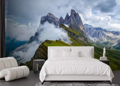 Wonderful landscape of  the Dolomites Alps. Odle mountain range, Seceda peak in Dolomites, Italy. Artistic picture. Beauty world. Wall mural