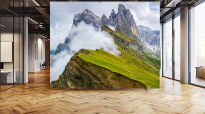 Wonderful landscape of  the Dolomites Alps. Odle mountain range, Seceda peak in Dolomites, Italy. Artistic picture. Beauty world. Wall mural