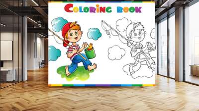 Coloring Page Outline of cartoon Boy with fishing rod. Coloring Book for kids. Wall mural