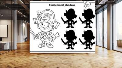 Puzzle Game for kids. Find correct shadow. Coloring Page Outline Of Cartoon pirate with saber and with map of treasure. Coloring book for children. Wall mural