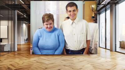 portrait of two happy friends with disability in rehabilitation center Wall mural