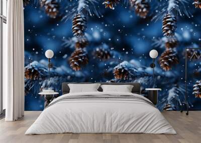 seamless pattern of fresh fluffy christmas tree branches covered in frost. winter ornament Wall mural