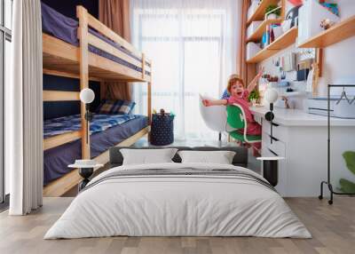 shared kids bedroom with bunk bed, big table and wall shelves, for two boys Wall mural