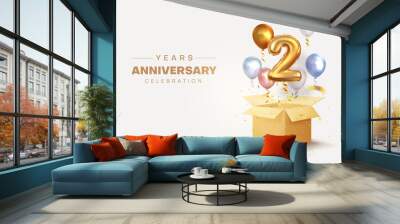 Celebrating the second anniversary. Balloons with sparkling confetti flying out of a box, number 2. Birthday or wedding decorations. Vector illustration Wall mural