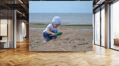 Child playing with sand on the beach Wall mural