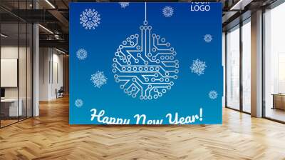 Chip circuit new year card template with ball and snowflakes. Vector greeting card concept for IT technologies, technical , electronic, digital, system integration companies. Wall mural