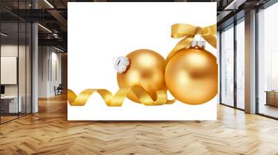 christmas balls isolated on white background. two gold christmas ornaments with ribbon Wall mural